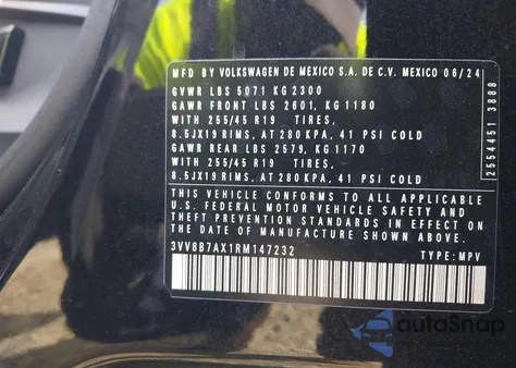 2024 Volkswagen Tiguan 2.0T Se R-Line Black z USA, uszkodzony, nr VIN 3VV8B7AX1RM147232